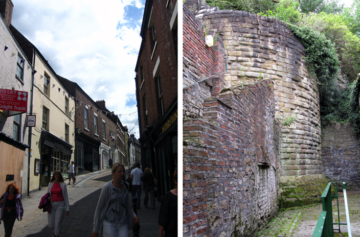 These two images show what remains of the Great North Gate today: not much. Left: except for a bend in the street and a sharp rise in street level, there is little to indicate that the North Gate stood here (although the basement of what is now Varsity Pub, still retains some of the old stonework). Right: the only major surviving element of the gate is one bastion in a back alley of one of the houses off Saddler Street. It indicates the scale of the destroyed structure. 